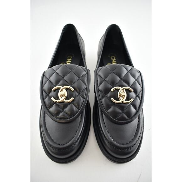 Chanel REV Black Quilted Flap Turnlock CC Logo Gold Mule Slip On Flat Loafer 37 - Picture 3 of 12